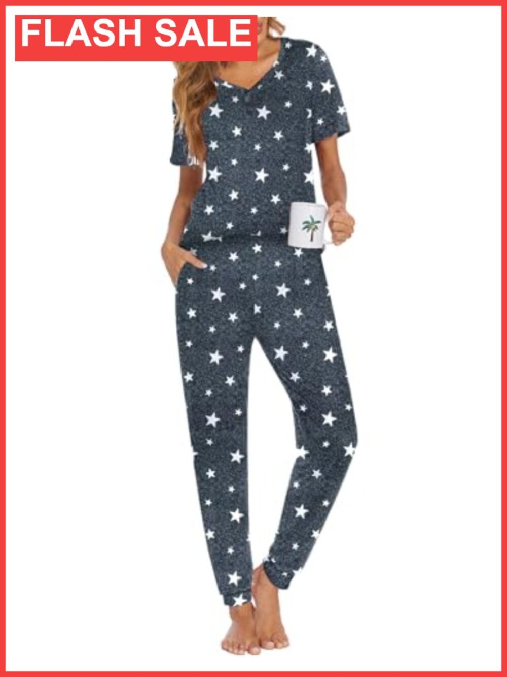 Womens 2 Piece Pajama Set Short Sleeve V-Neck Top & Jogger Pants with Pockets